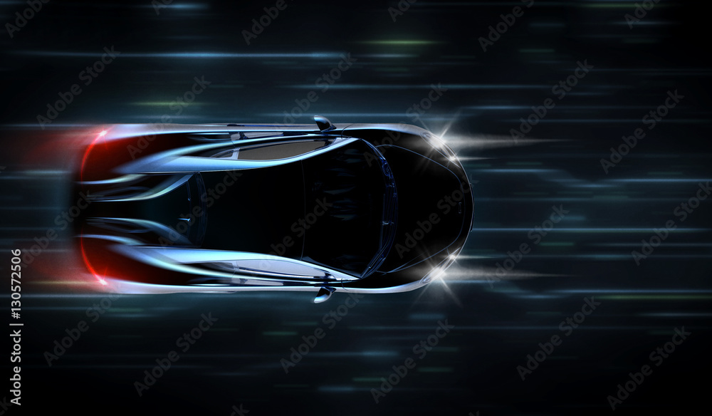 High speed black sports car - futuristic concept (with grunge overlay) - 3d illustration - obrazy, fototapety, plakaty 