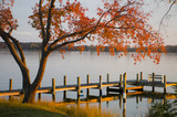 Fototapeta Miasta - Autumn leaves and pier in late afternoon light