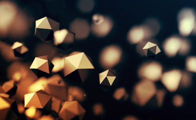 Poster - Abstract 3d rendering of chaotic low poly particles. Flying polygonal spheres in empty space. Futuristic background with bokeh effect. Poster design.
