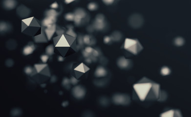 Poster - Abstract 3d rendering of chaotic low poly particles. Flying polygonal spheres in empty space. Futuristic background with bokeh effect. Poster design.