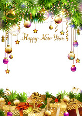 Poster - Glass Christmas evening balls, gifts, fir trees on a white background. Holiday decorations and baubles with garlands and New year gold inscription. Objects for any background design.