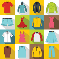 different clothes icons set. flat illustration of 16 different clothes items vector icons for web