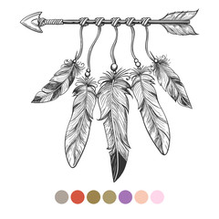 Wall Mural - handdrawn colorng boho element. arrow and feathers on white background with color swatches. vector i