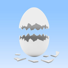 Broken Empty Egg Shells On Blue Background. 3D Illustration 