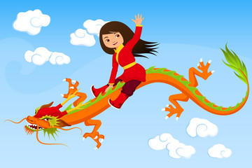 cute Asian girl riding a dragon