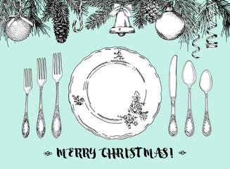 Hand drawn illustration of curly ornamental silver tableware, plate a turquoise background. Vector frame with hand drawn elements: branches of fir, cones, streamers, bell, bow, Christmas ball.