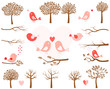 Valentine's day vector set with pink birds and brown tree silhouettes and branches