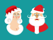 Santa And Mrs. Claus Isolated. Christmas Family. Woman In Red Dr