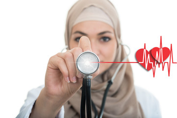 Wall Mural - close up portrait of arab female doctor smiling while using stethoscope