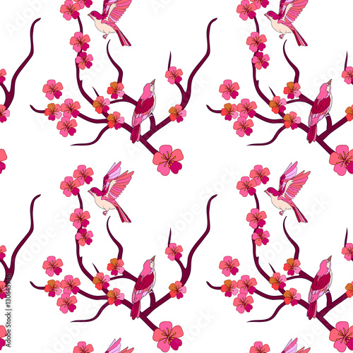 Stoffe zum Nähen Japanische Musterdesign mit Vögel und Sakura Niederlassungen auf weißem Hintergrund.
