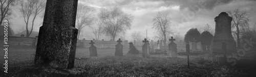 Fotomural Old creepy graveyard on stormy winter day in black and white
