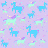 Fototapeta Konie - Blue and green unicorns with stars on a violet background.