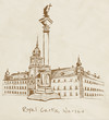Hand drawn Royal Castle in Warsaw on vintage background