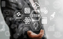 Business STEM Concept. Science Technology Engineering Math Education Web Icon. Man Offer Stem Word Sign On Virtual Screen.
