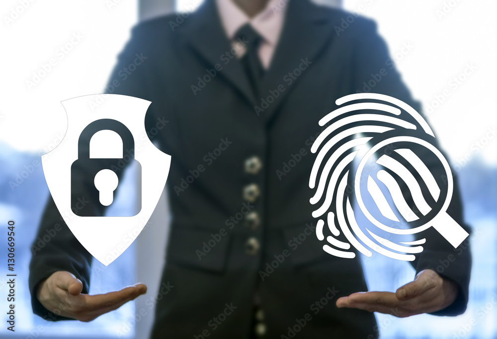 Business security safety identification web computer concept. Shield lock fingerprint magnifier scan internet technology