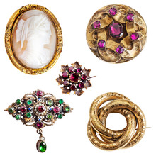 Antique And Well Worn Gold Jewelry - Cameo,  Amethyst, Enamel, Garnet And Three-ring (lover's Knot) Gold Brooches