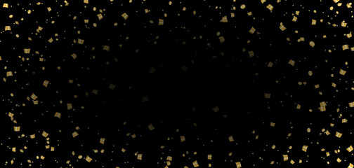 Sticker - Gold bright confetti on black Christmas background. Golden decoration glitter abstract design of Happy New Year card, greeting, Xmas holiday celebrate banner. Space effect. Vector illustration