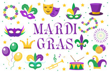 Mardi Gras Carnival Set  Icons, Design Element , Flat Style. Collection Mardi Gras, Mask With Feathers, Beads, Joker, Fleur De Lis, Comedy And Tragedy, Party Decorations. Vector Illustration, Clip Art