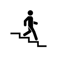 Downstairs Icon Sign. Walk Man In The Stairs. Career Symbol. Flat Design. Vector Illustration.