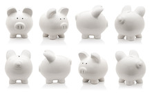 White Piggy Bank Collection Isolated On White Background