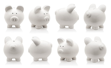 White piggy bank collection isolated on white background