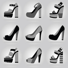 Women Trendy Platform High Heel Shoes Icons Set On Gray Gradient Background
