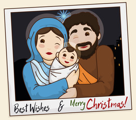 Picture of the Holy Family Wishing You a Merry Christmas, Vector Illustration