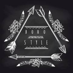Wall Mural - Boho style triangle frame from drawing arrows and feathers on blackboard background. Vector illustration