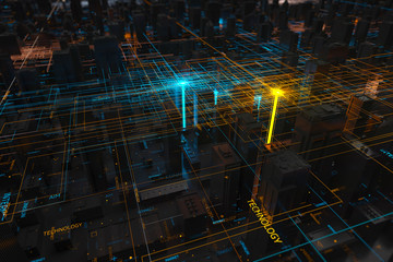 Poster - abstract 3d city rendering with lines and digital elements. digital skyscrappers. technology and con