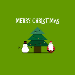 vector illustration of cute cartoon santa claus with snowman and christmas tree