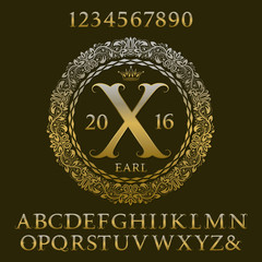 Fototapete - Golden letters and numbers with initial monogram. Royal font and elements kit for logo design.
