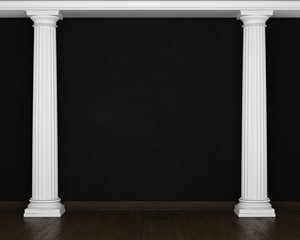 Dark stucco wall with classical columns and wooden floors