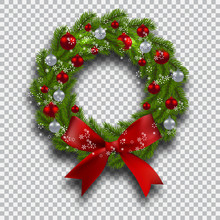 Green Tree Branch In The Form Of A Christmas Wreath With Shadow And Snowflakes. Red And Silver Balls Checker Background. Illustration