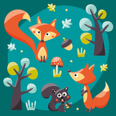 Wall Mural - Foxes, squirrels, trees, acorns and leafs wildlife woodland wild nature colorful mushroom walk