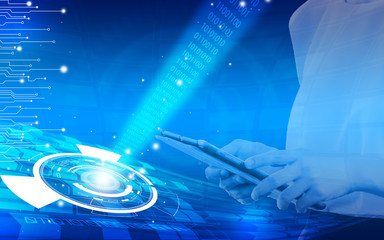 Wall Mural - blue technology background and abstract digital tech circle with hands woman holding touch screen ta