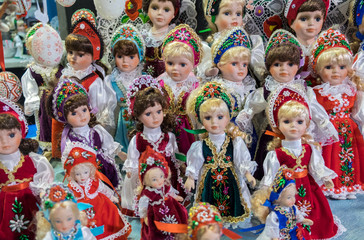 Wall Mural - Traditional Hungarian souvenir dolls at gift store. Great Market