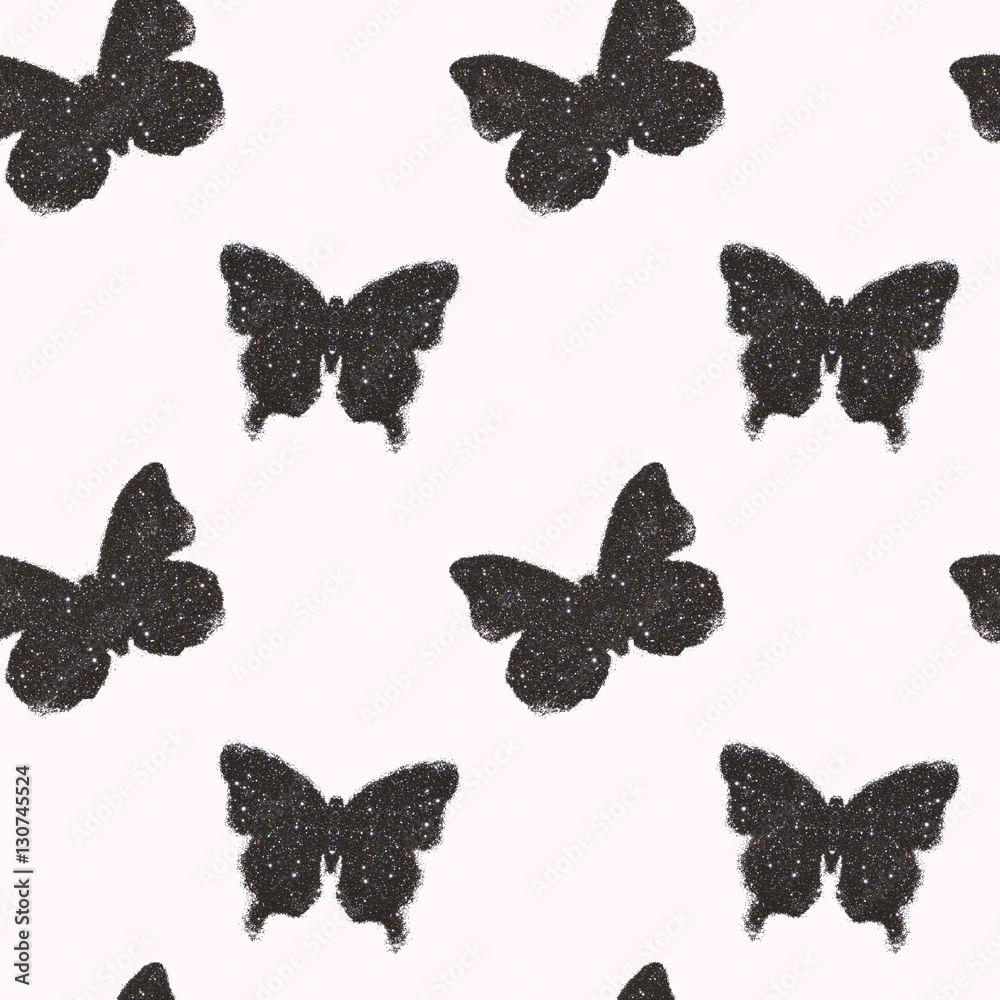 Seamless pattern with Butterflies of black glitter on white background ...