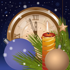 Wall Mural - Christmas  background. Christmas toys, clock, falling snow and burning candle against the night winter sky. New Year card. Vector illustration