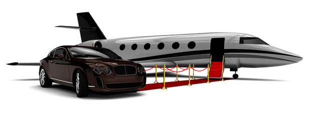 Wall Mural - Private jet with red carpet and a limousine / 3D render image representing an private jet with a red carpet and a limousine