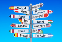 Signpost With Names Of Cities, 3D Rendering