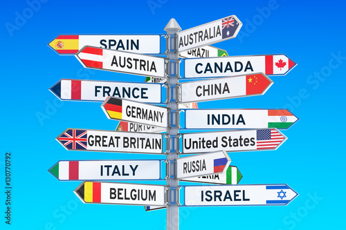 Fotografía signpost with names of countries, 3D rendering