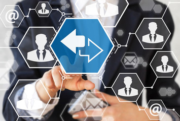 Wall Mural - Businessman presses icon left right arrow. Businesswoman touched sign arrows. Direction, path concept, network, business, communication, smartphone, mail, sync, share, connection, send, hexagon, post.