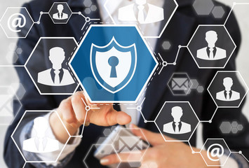 Wall Mural - Shield with keyhole security business concept teamwork icon virtual hexagon screen. Safety internet technology. Businessman with smartphone presses sign shield. Protection, mail, communication, web.