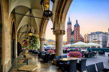 St Mary's Basilica And Main Market Square In Krakow, Poland, On Sunrise