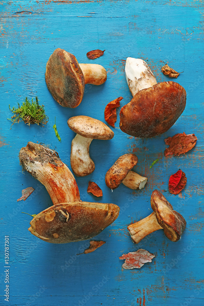 Fresh mushrooms on blue wooden background