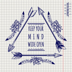 Wall Mural - Wild boho emblem with drawing arrows and feathers on notebook page. Vector illustration
