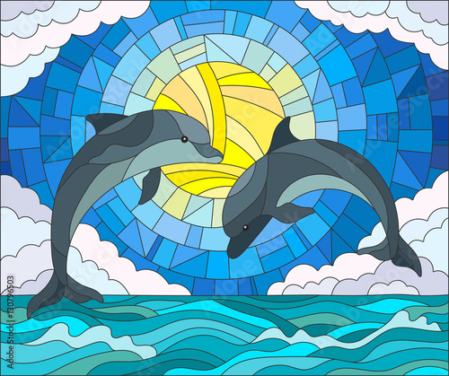 Naklejka dekoracyjna Illustration in stained glass style with a pair of dolphins on the background of water ,cloud, sky and sun