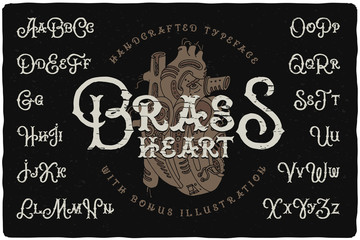 Poster - Vintage typeface with rough textured effect. Handcrafted font with drawn illustration of a mechanic steam punk heart.