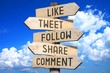 © PX Media - Wooden signpost - social media concept (like, tweet, follow, share, comment) - great for topics like communication etc.