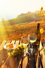 Wine and grapes against Geneva lake, Switzerland